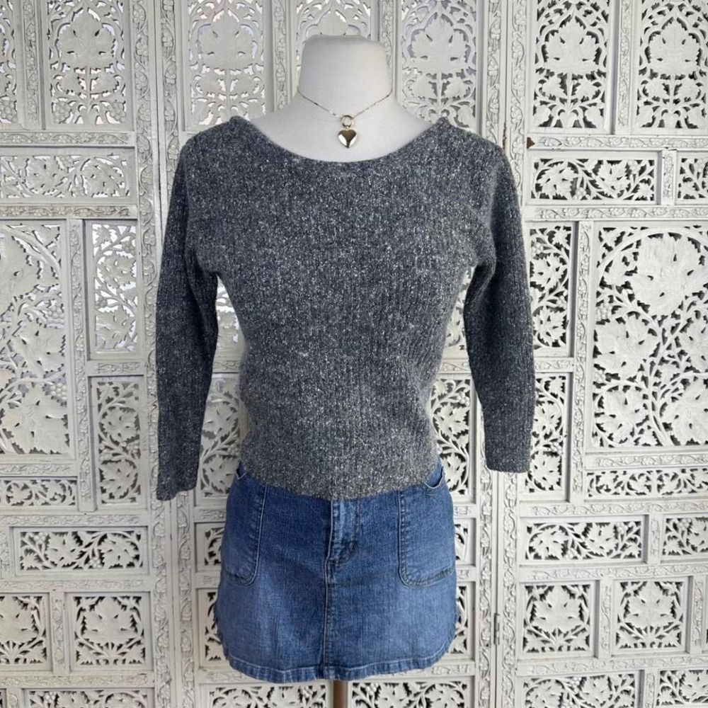 Vintage Gray Silk Angora Blend 34 Sleeve‎ Open Back Cropped Sweater Sz Small